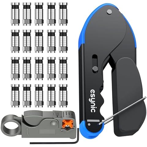 eSynic Professional Coax Crimping Tool F Type Connector Compression Tool Set Coax Cable Crimper Tool Kit for RG6 with 20Pcs RG6 Coaxial Cable Connectors and a Adjustable Rotary Coaxial Cable Cutter Cover
