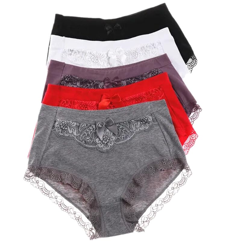 OLEETS Bragas Tanga De Mujer - 5 Unids/Set De Bragas De Algodón para Mujer, Ropa Interior De Encaje De Cintura Media De Talla Grande, Tangas Suaves Y Sexis De Moda