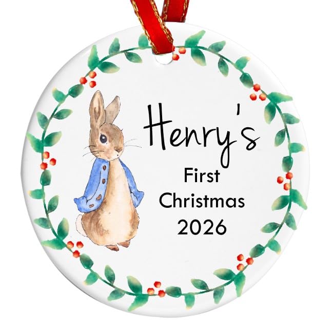 Personalised Baby's First Christmas Ceramic Bauble | Rabbit Blue Baby Boy Newborn Ceramic Round Ornament Tree Decoration Keepsake