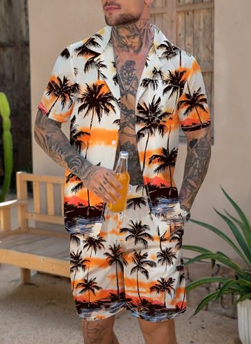 Men's Vacation Beach Outfits 2 Piece Shorts Set Tropical Floral and Palms Hawaiian Button Down Shirt and Shorts4