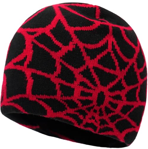 Lynmquober Knitted Beanie Hat Spider Web Skull Cap for Women Men Black Red
