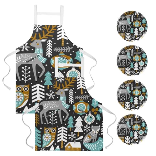 Lot de 2 tabliers de cuisine d'hiver avec poches motif cerf renard écureuil