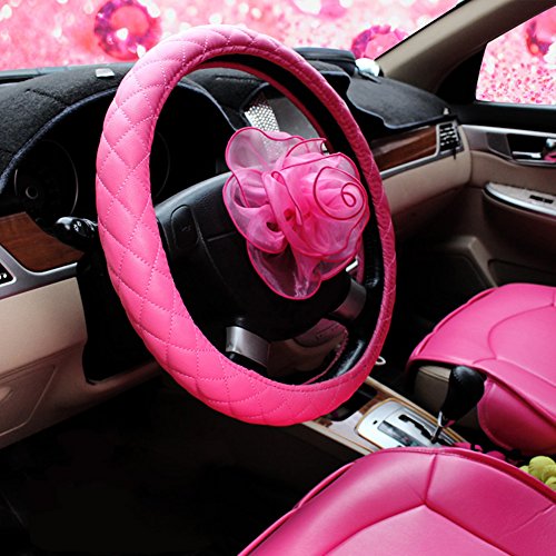seemehappy Charming Hot Pink Car Steering Wheel Covers Leather Steering Wheel Covers for Women