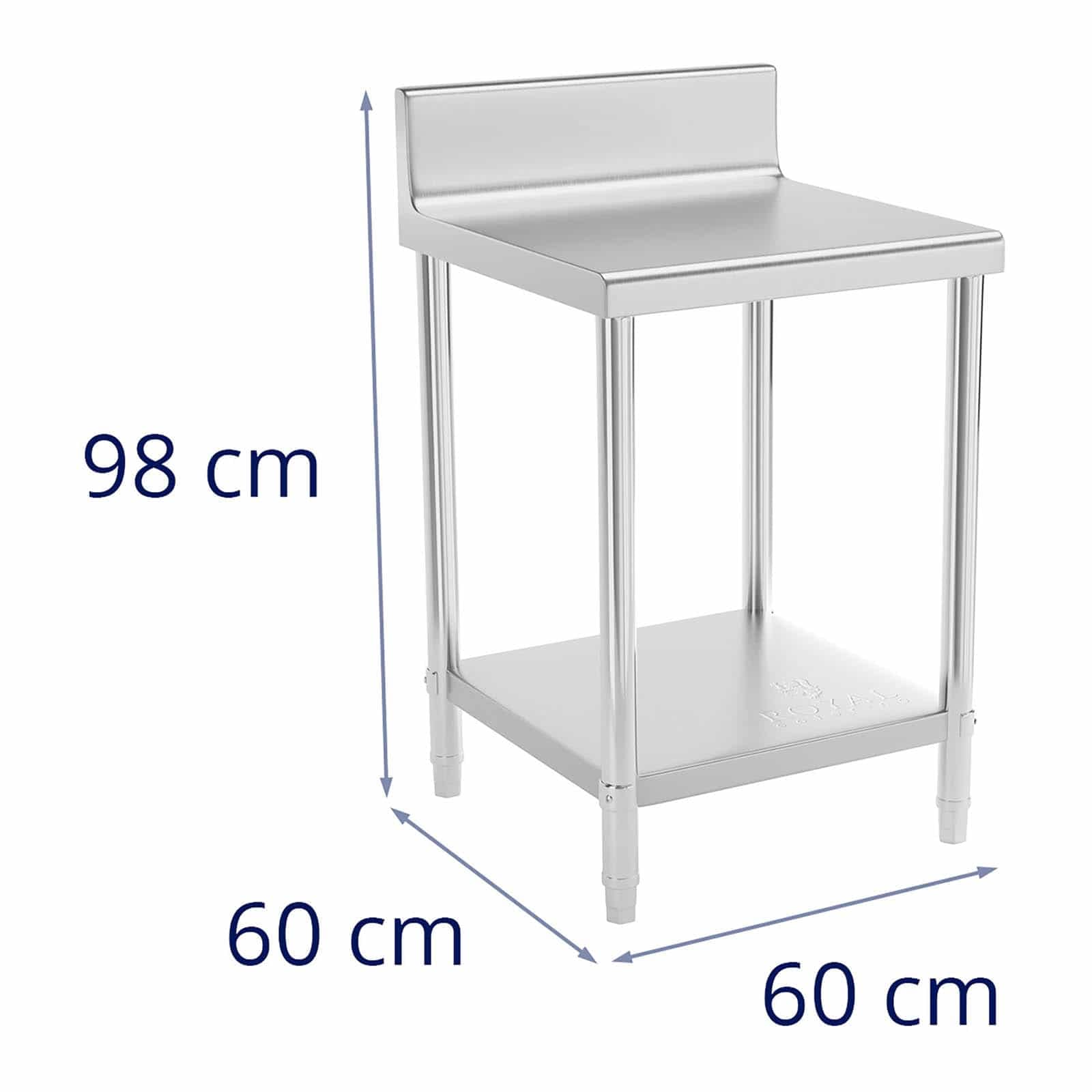 Royal Catering Mesa De Acero Inoxidable para Hostelería RCAT-60/60-N (Superficie de Trabajo de 60 x 60 cm, con antisalpique, Capacidad de Carga de 250 kg)