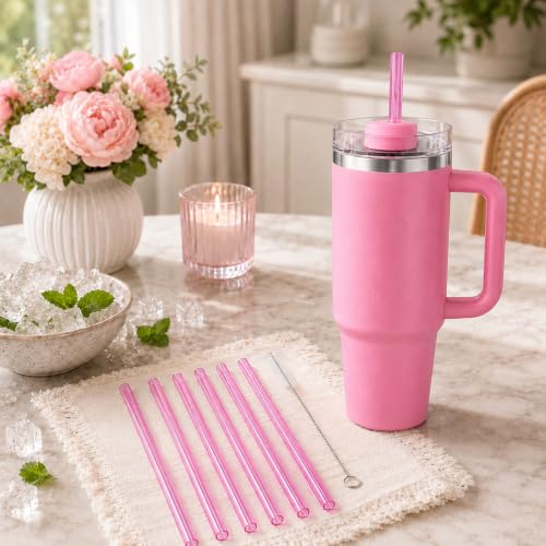 Image of Replacement Straws Compatible with 30 oz Stanley Quencher Tumbler, 10.5 Inch Clear Reusable Straws, Drinking Cup Accessories, Dark Pink-6 Pack