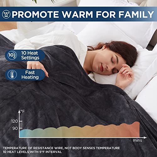 Westinghouse Electric Blanket Queen Size, Super Cozy Soft Flannel 84"" x 90"" Heated Blanket with 10 Fast Heating Levels & 1-12 Auto-Off, Machine Washable, ETL&FCC Certification, Charcoal
