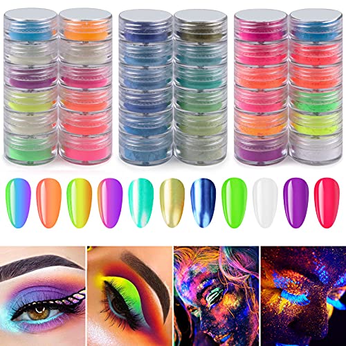 36 Color Nail Pigment Powder, EBANKU Colorful Fluorescent Powder Iridescent Chrome Powder Luminous Nail Powder Neon Eyeshadow Powder Nails Pigments Dust with 36 Pcs Eyeshadow Sticks(3 Styles)