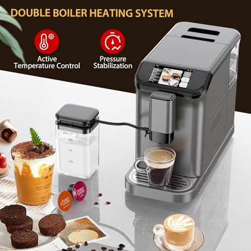 Image of Garvee Fully Automatic Espresso Machine with Built-In Grinder and Milk Frother, 4-Beverage Cappuccino and Latte Maker with Intuitive Touch Display, Gunmetal Finish