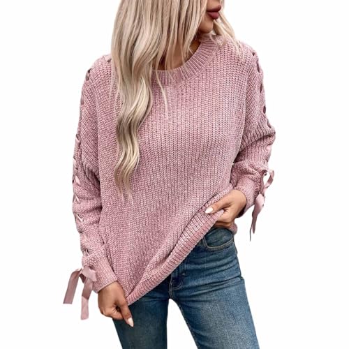 Damen Strickpullover, Langarm Elegant Rundhals Pulli mit Schleifen, Loose Oversize Einfarbig Pullover, Stricken Frauen Zopfstrick Pullovers,...