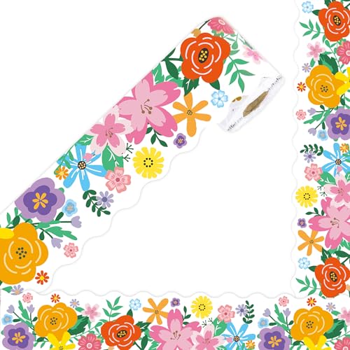65.6ft Bulletin Board Borders, Flower Bulletin Board Decorations Scalloped Border Trim Rolled Borders Classroom Bulletin for Back to School Office Classroom Spring Decor