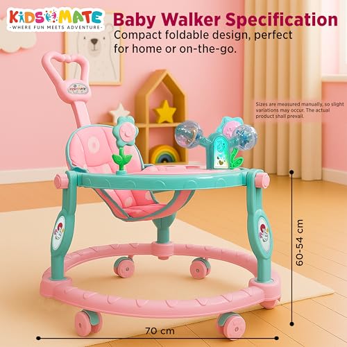 Image of Kidsmate Musical Walker for Kids for 6 to 18 Months | Walker for Babies with Rattles, Lights & Push Handle | Adjustable Height, 360 Rotating Wheels | Foldable Baby Walker for Boys & Girls - Pink