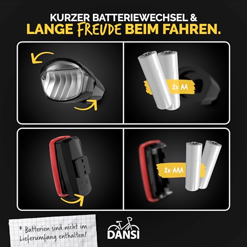 DANSI Fahrradleuchten-Set StVZO I LED-Fahrradlicht I Rad-Licht hell vorne (30/15 Lux, Batterie-Leuchtenset Premium)