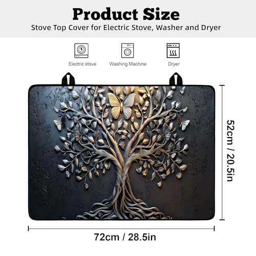 Image of Multi-Design Stove Top Cover for Glass /Electric Stoves - 3-in-1 Heat-Resistant Protector Mat, Non-Slip Drying Rack 28 inchx20 inch (Tree of Life - Black, 28 inch L x 20 inch W)