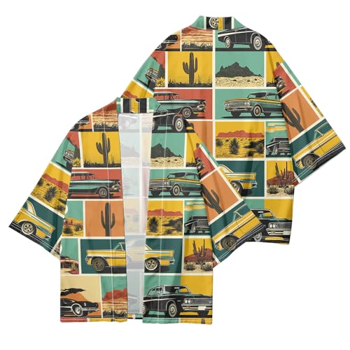 Image of DOSLAVIDA Men's Japanese Kimono Cardigan Suit Chinese Style Printed Jacket Pants Set Open Front Seven Sleeve Top & Shorts