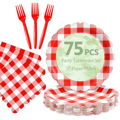 Mulbozy 75 Red Gingham Plates and Napkins Disposable Set Includes 25 Dessert Cake Scalloped Plates Cocktail Napkins & Forks for Fork 25 Guests Holiday Party Supplies.