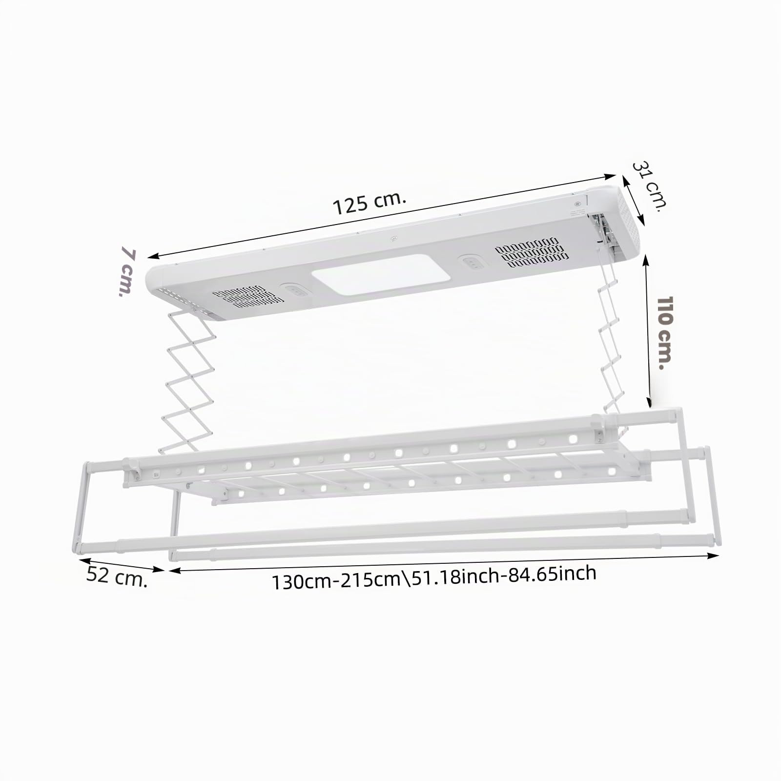 Secador eléctrico de ropa para pared y techo, con ventilador y mando a distancia, estante para ropa, barra de ropa 130-215 cm, iluminación led, 50 m, mando a distancia (blanco)
