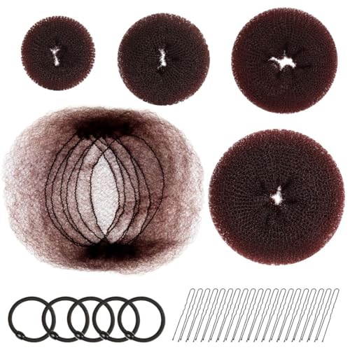 49 Piezas Anillos de Donut de Pelo Juego de Hacer Moño, Incluye 4 Donuts para El Pelo, 5 pcs Negro Horquillas Pelo, 20 Piezas Redecilla Pelo, 20 Horquillas en Forma de U, para Mujeres Niñas