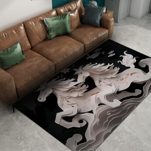 屋内カーペット 100x150cm 中国のペーパーカットアート抽象的な白馬のプリントの低パイルラグリビング保育室スタジオライブラリの簡単な掃除