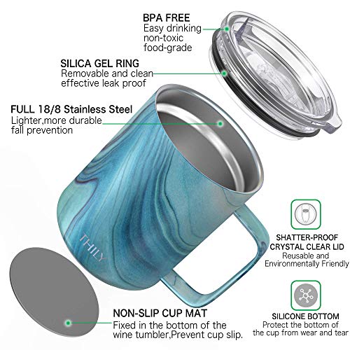 Thily Vacuum Insulated Travel Coffee Mug 12 Oz Triple-Insulated Stainless Steel Coffee Cup With Handle, Spill-Proof Lid, Lightweight, Keeps Drinks Hot For Hours, Blue Swirl #TOP2