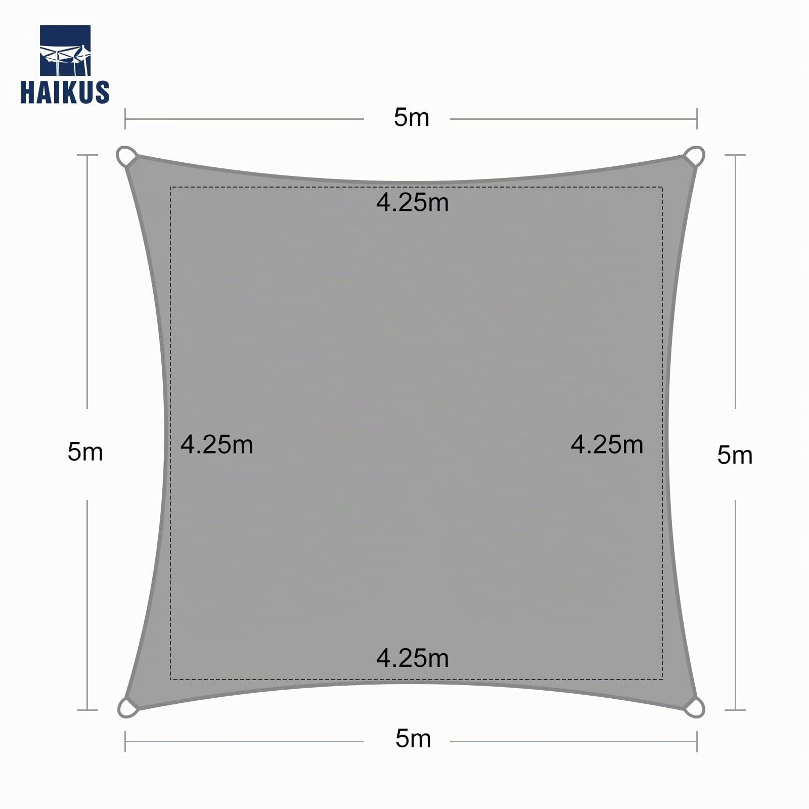 HAIKUS Sonnensegel 5x5 m Quadratisch, Premium HDPE UV Schutz Sonnenschutz Atmungsaktiv Wetterbeständig für Garten Balkon und Terrasse, inkl Befestigungsseile, Quadrat 5x5m Hellgrau