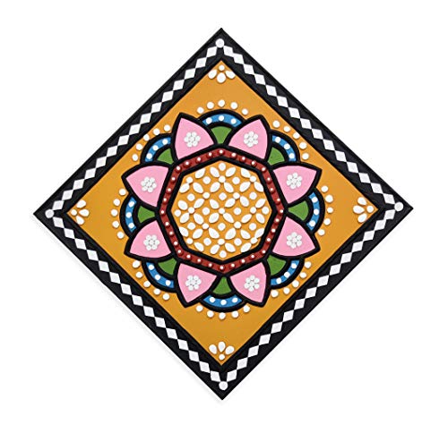 Image of Ethnics of Kutch Traditional Kutch Handicraft Mud-Mirrorwork Lippan Kam Wall Art (Water and Break Resistant) - Square (12 inch x 12 inch) - (Black - LKT-0233)