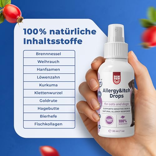 PAW2PAW Allergy and Itch Spray für Hunde und Katzen Flüssiges Ergänzungsfuttermittel zur Unterstützung von Hautkomfort und Juckreiz Einfache Anwendung über Futter oder Wasser 30 ml (200+ Sprühstöße)