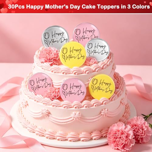 30pcs Happy Mother's Day Acrylic Cake Toppers - Mirror Finish Round Engraved Tulip Toppers in Rose Gold/Silver - Premium Cupcake Decorations for Mothers Day, Birthday Parties & Floral Bouquets by JHYlilia - Image 5
