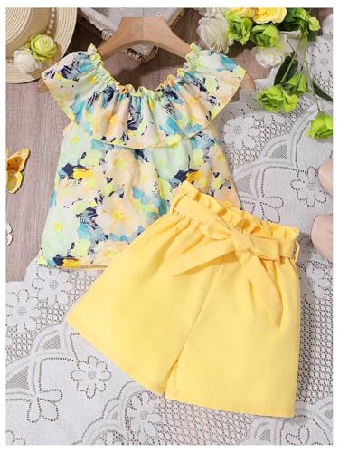 Image of GORGLITTER Girl's Summer Outfits Sleeveless Floral Ruffle Blouse Top and Bow Tie Front Paperbag Shorts Sets