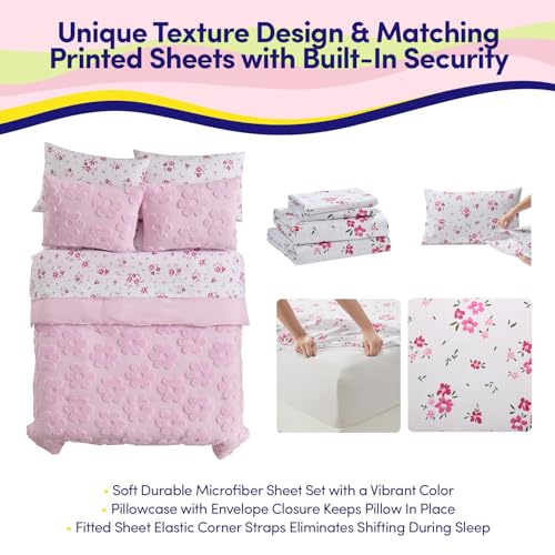 Image of Kids Full Size Bed in a Bag Tufted Comforter & Sheet Set - Complete Bedding Set with Corner Strap Fitted Sheet, Ultra Soft Lightweight All Season Comforter, Girls Bedroom, Dorm, Guest Room