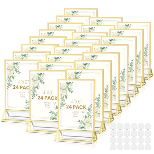 Gold Frames 5X7 Acrylic Sign Holder Double-Sided Acrylic Picture Frames Display Stand for Flyer Holder Menu Holder Wedding Table Number with Removable Sticky Dots-24 Pack