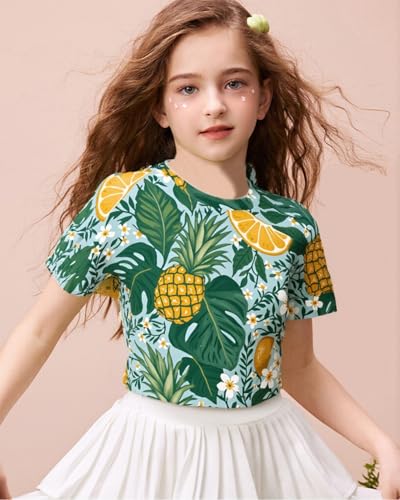 Image of DDSOL Girls Crop Tops Summer Palm Tree Sunset Beach Shirt Hawaii Short Sleeve Tropical Tshirts for Teen Girl 6-14 Years