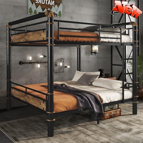 STERXONE Upgraded Version Thicken Heavy Duty Metal Queen Over Queen Bunk Bed, Best Industrial Style Bunk Bed Queen Size, Convertible into 2 Beds with Wood Board, Water Pipe Design for Adults (Queen)