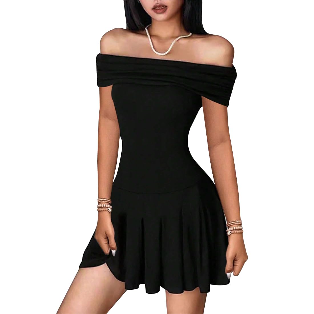 Robe courte bodycon noir avec coupe drapée et épaules nues - 8