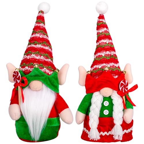 Herzila 2 Pcs Handmade Elf Gnomes Decorations Christmas Gnome Plush with Bell for Christmas Decorations - Elf Figurines for Kitchen Tiered Tray and Holiday Home Dcor