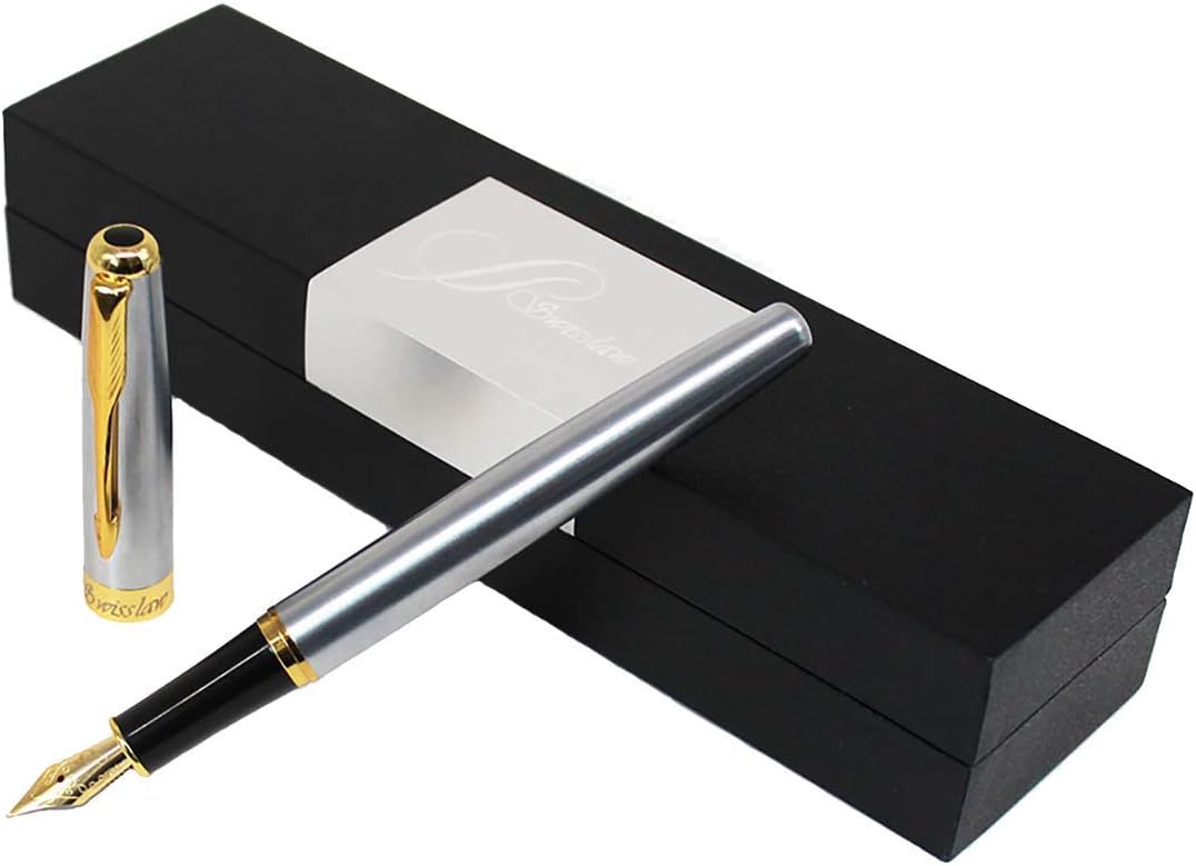 Swisslaw Luxury Classic Executive Branded Fancy Fountain Pen | Gift Box Set With Ink Refill Converter Included | Modern Business Look Pen | Silver & Golden Color