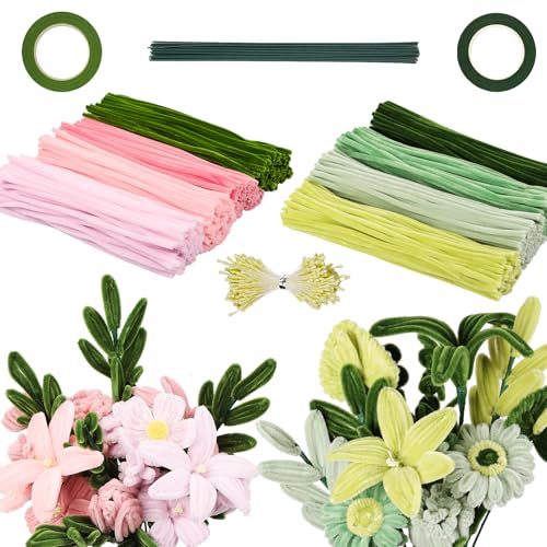 Fil chenille rose et vert de 30cm avec tiges et floratape pour bouquet de fleurs DIY
