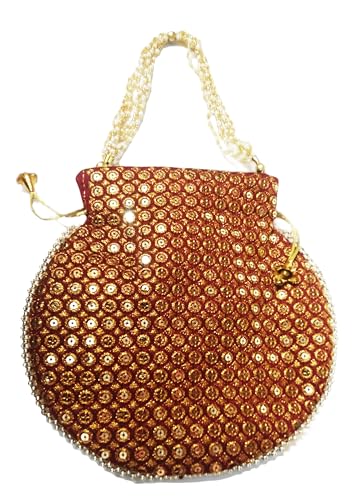 Image of Potli Bag Golden work wedding potli for ladies Gift for women handbags traditional Indian Wristlet with Drawstring Ethnic Embroidery Fashion Potli.