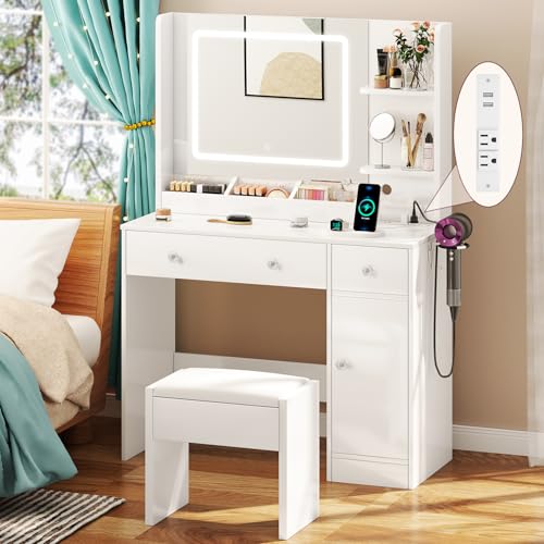 Makeup Vanity Desk with Mirror and Lights,Vanity Set with Mirror and Stool and Lights 3 Color,White...