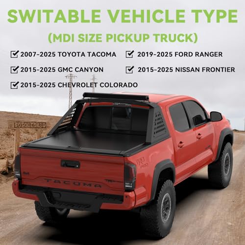Image of Adjustable Sport Roll Bar Compatible with Retractable Hard Tonneau | Compatible with Mid-Size Trucks Tacoma, Ranger, Colorado, Canyon, Frontier | No Drilling Installation | Three Installation Methods
