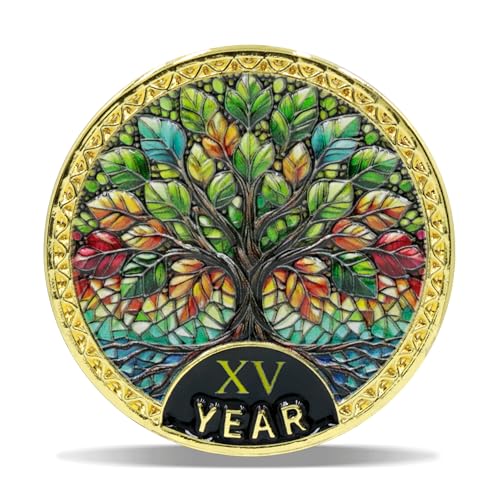 15 Year Radiant Tree Sobriety Coin – Stained Glass Light NA Medallion – Spiritual Token for Recovery & Clean Time – Empowering NA AA Chips – Gift for Men & Women