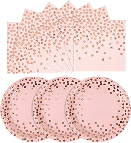 CENLBJ Pink and Rose Gold Paper Plates-50 Pack- 25 * 7inch Paper Plates & 25 * 6.5inch Napkins Pink Plates and Napkins Party Supplies for Birthdays Baby Showers and All Occasions