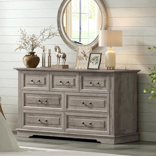 7 Drawer Dresser for Bedroom Wooden Vintage Chest of Drawers 54 Long Drawer Dresser with Charging Station Farmhouse Storage Dresser for Bedroom Living Room Hallway Greige