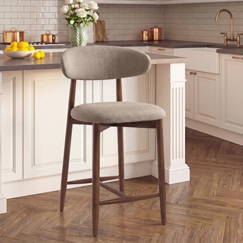 Image of MALOL Counter Height Bar Stools, Kitchen Bar Stools with Back, Mid Century Modern Upholstered Barstools with Wood Legs for Kitchen Island Dining Room, Camel