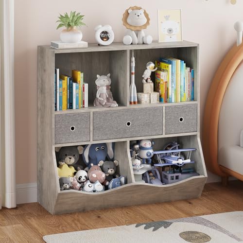 Amyove 2 Set Kids Bookshelf and Bookcase Toy Storage Multi Shelf with Cubby Organizer Cabinet and Drawers for Boys Girls, for Children's Room, Playroom, Hallway, Kindergarten, School (Grey)
