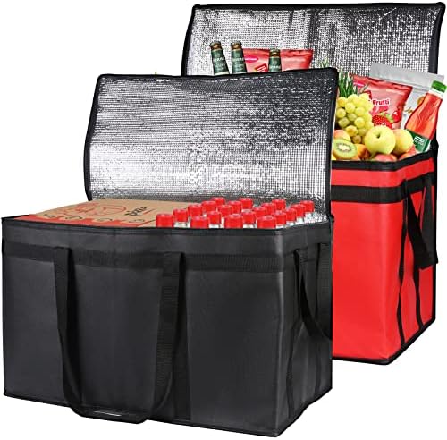 Bodaon 2-Pack Insulated Food Delivery Bag, XXX-Large Meal Grocery Tote Insulation Bag for Hot and cold Food, Commercial, Large Capacity Reusable Warming Bag, Black + Red
