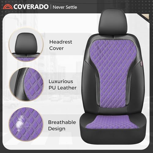 Image of Coverado Front Seat Covers, Luxury Diamond Leather Car Seat Cover with Carbon Fiber Weave, Waterproof Car Seat Cover Driver Seat Cover Spill-Proof Design Universal Fit for Most Cars, BlackPurple