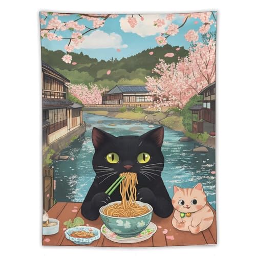Tapiz colgante de gato Ramen para decoración estética de pared en dormitorio y sala