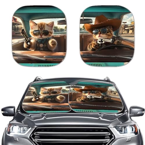 Image of Western Cowboy Cat Sunshade Visor 2 PCS Car Windshield Sun Shade Easy Installation Foldable Automotive Interior Accessories for Sun Protection Sun Shade for UV Protection