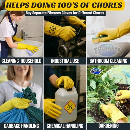 Image of F8WARES Heavy Duty Rubber Gloves for Cleaning Household, Kitchen, Bathroom | All Purpose Protective Thick Hand Gloves for Industrial, Gardening & Safety | Waterproof & Chemical Resistant (1 Pair Yellow)