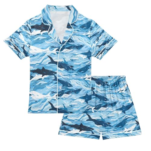 senya Sea Shark Satin Summer Pajama Sets Silk Short Sleeve Button Down Sleepwear